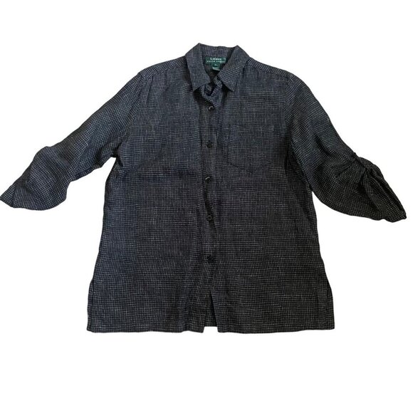 Lauren Ralph Lauren Button Up Linen Shirt Blouse Top Women 8 Black Summer Casual - Picture 1 of 9